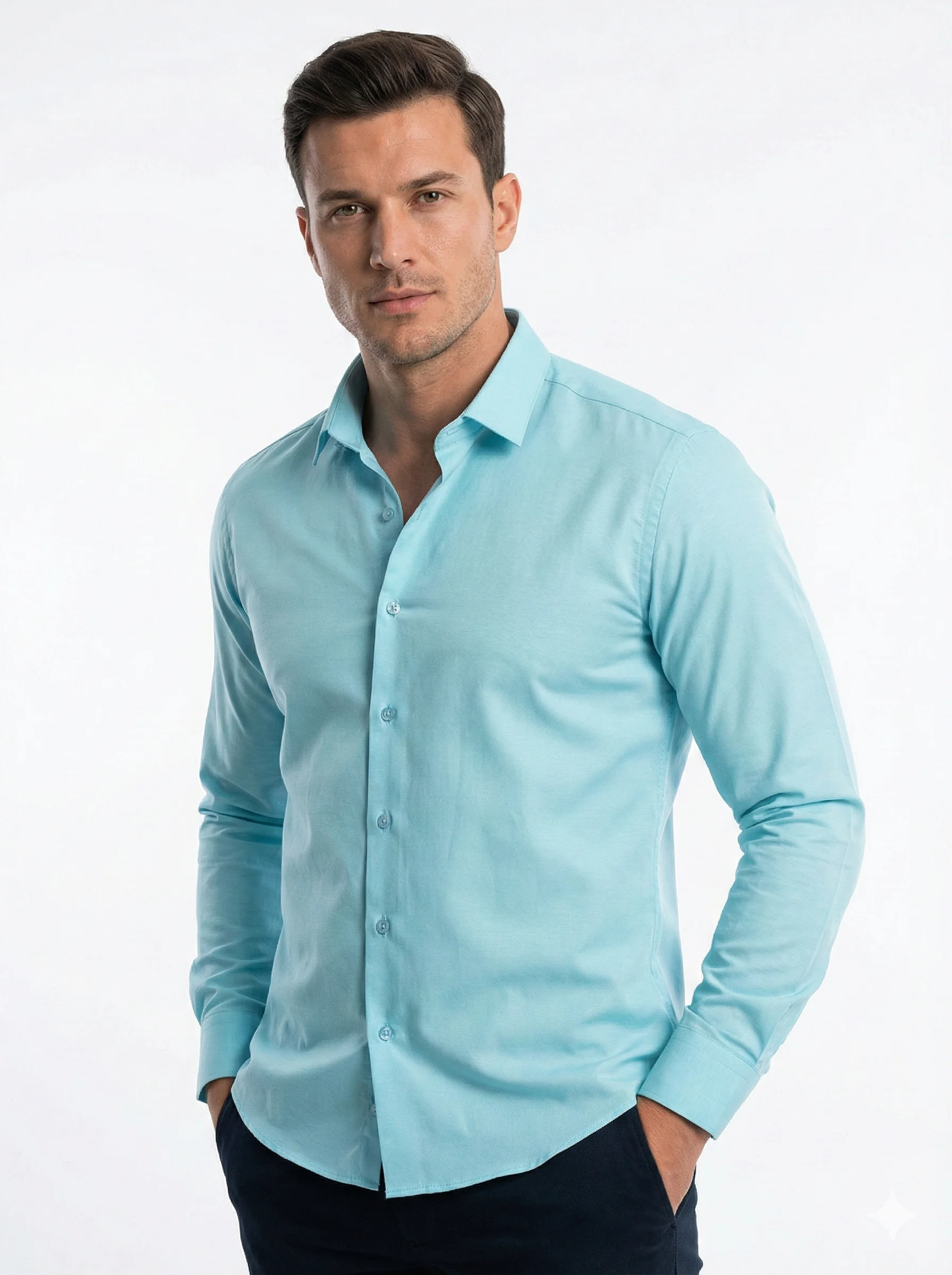 Turkuaz Düz Renk Pamuklu Erkek Gömlek