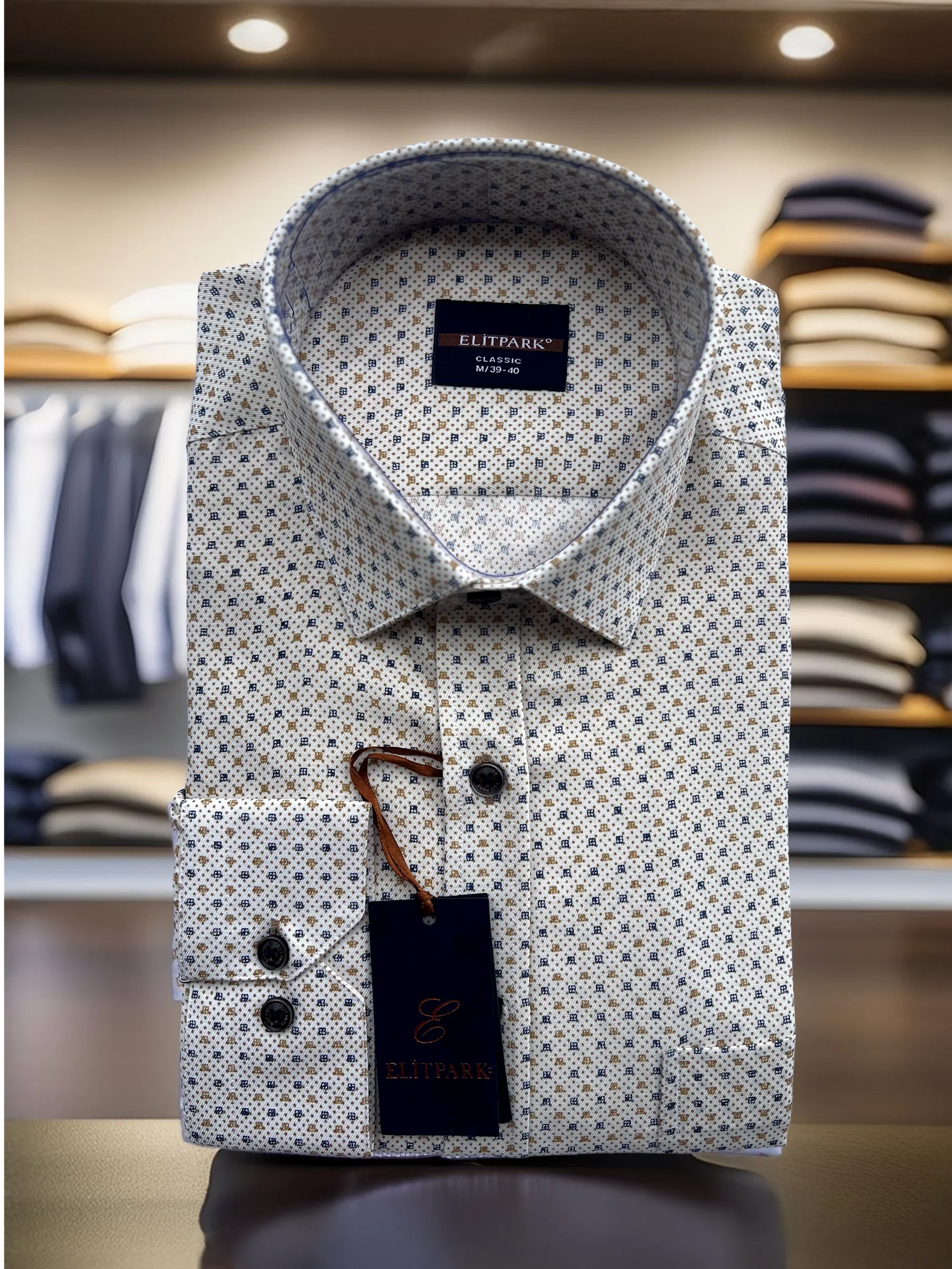 Kare-Nokta Desenli Pamuklu Krem Erkek Gömlek